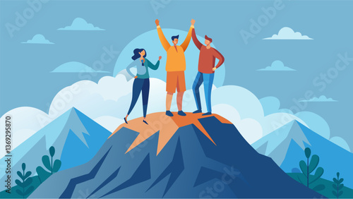 A group of friends standing triumphantly at the peak of a mountain after a grueling hike taking in the breathtaking view together.. Vector illustration