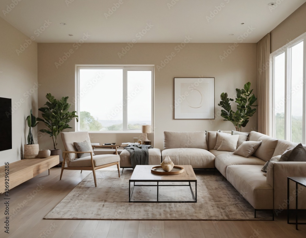 Modern minimalist living room with sleek fixtures, neutral tones, natural light, and a touch of greenery, showcasing a spacious and calming atmosphere. Modern minimalist living room with sleek fixtures, neutral tones, natural light, and a touch of greenery, showcasing a spacious and calming atmosphere.