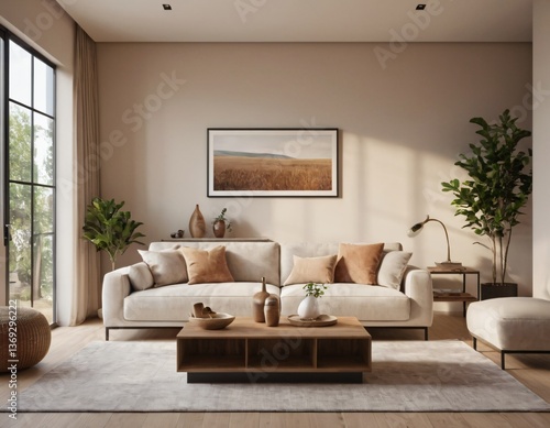 Modern minimalist living room with sleek fixtures, neutral tones, natural light, and a touch of greenery, showcasing a spacious and calming atmosphere.