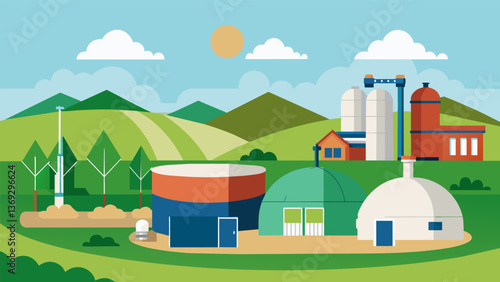 A modern biogas facility in the heart of a traditional farming village utilizing advanced technology to maximize energy production.. Vector illustration