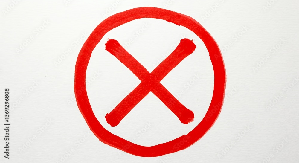 Hand-painted Red Cross Mark in Circle on White Background: A Symbol of Rejection, Cancellation, or Error Hand-painted Red Cross Mark in Circle on White Background: A Symbol of Rejection, Cancellation, or Error