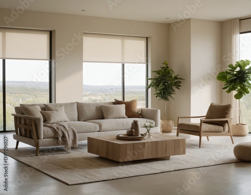 Modern minimalist living room with sleek fixtures, neutral tones, natural light, and a touch of greenery, showcasing a spacious and calming atmosphere.