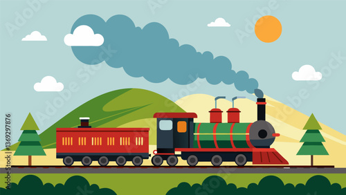 A steampowered train chugging along its engine fueled by the burning of coal to transport both people and energy.. Vector illustration