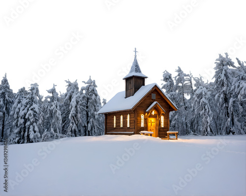 Wallpaper Mural Enchanting Winter Scene, A Tiny Wooden Chapel Covered in Snow Radiates a Warm Glow Amidst Snowy Trees on a Peaceful, Cold Winter Night Torontodigital.ca