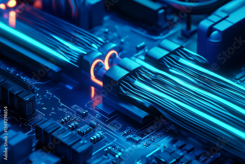 futuristic 3d render mockup,space theme illustration cyber platforms and cables with glowing neon lights