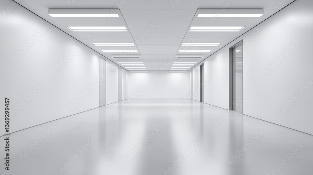 A long white hallway with recessed lighting and doors running along the length of the corridor A long white hallway with recessed lighting and doors running along the length of the corridor