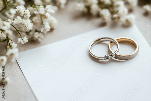 Wedding rings on a white card with delicate white flowers. Romantic and elegant scene. Perfect for wedding invitations, cards, or love-themed designs.
