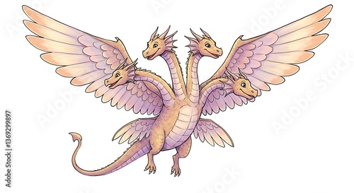 four-headed dragon with wings, flying, cartoon style clip art preview