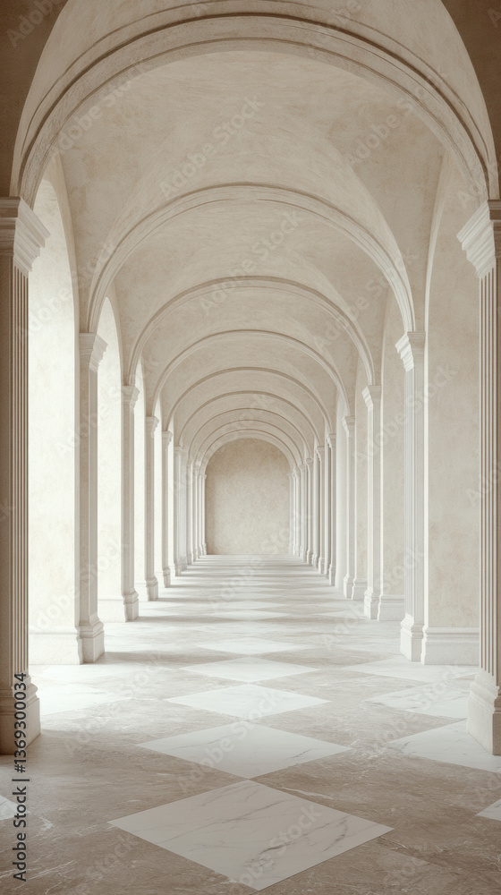 A corridor with a series of arches and tiled floor A corridor with a series of arches and tiled floor