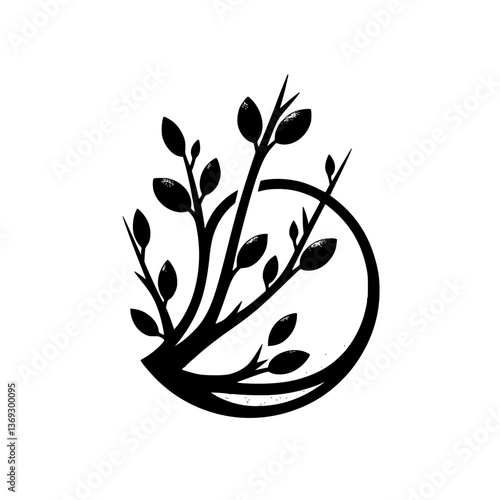 Elegant Willow Branch in Circle - Minimalist Black and White Logo
