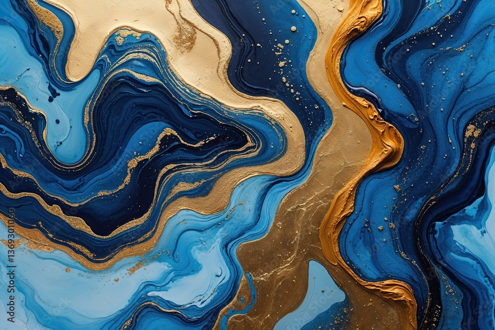 Obraz premium Hand Painted Abstract Background of Mixed Liquid Blue and Gold Textures with a Fluid Marble Effect
