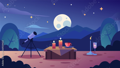 A romantic evening under the stars with candles and a telescope set up to watch the moonrise.. Vector illustration