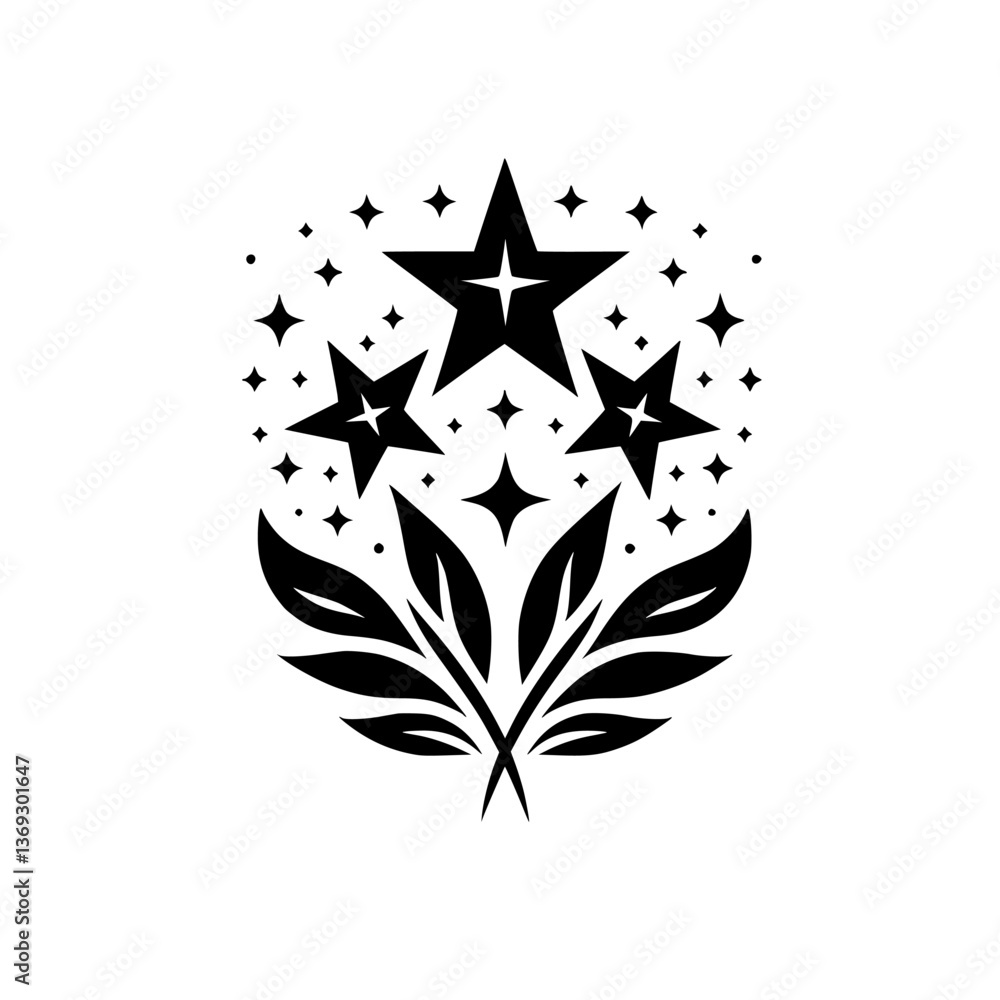 Obraz premium Celestial Bloom: Black & White Star & Leaf Logo Design