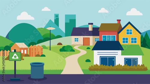 A residential neighborhood located near a landfill with a billboard promoting the benefits of ane capture for the community.. Vector illustration