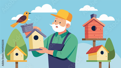 A retired carpenter building birdhouses and feeders to be donated to a wildlife rehabilitation center.. Vector illustration