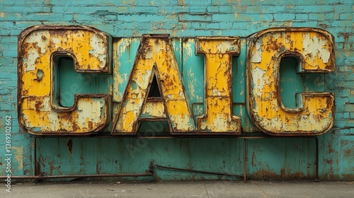 Antique distressed signage with yellow rusted letters