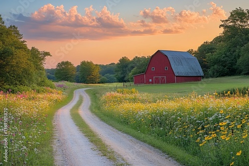 Country road leading to a red barn at sunset through green fields
