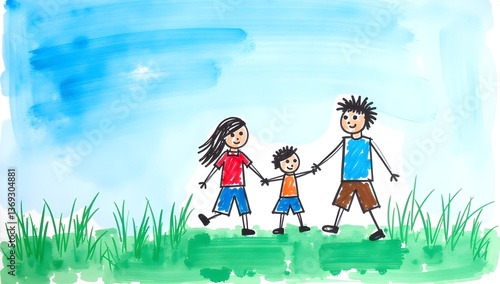 cheerful family of three holds hands while walking on green grass under a bright blue sky, symbolizing happiness, love, and togetherness in a simple, joyful scene