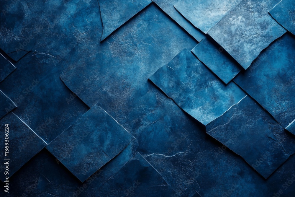 Geometric abstract pattern of layered blue tiles with textured surface Geometric abstract pattern of layered blue tiles with textured surface