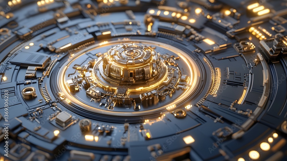Fototapeta premium Futuristic Technology Abstract Background Golden Circuits Rotating Mechanism