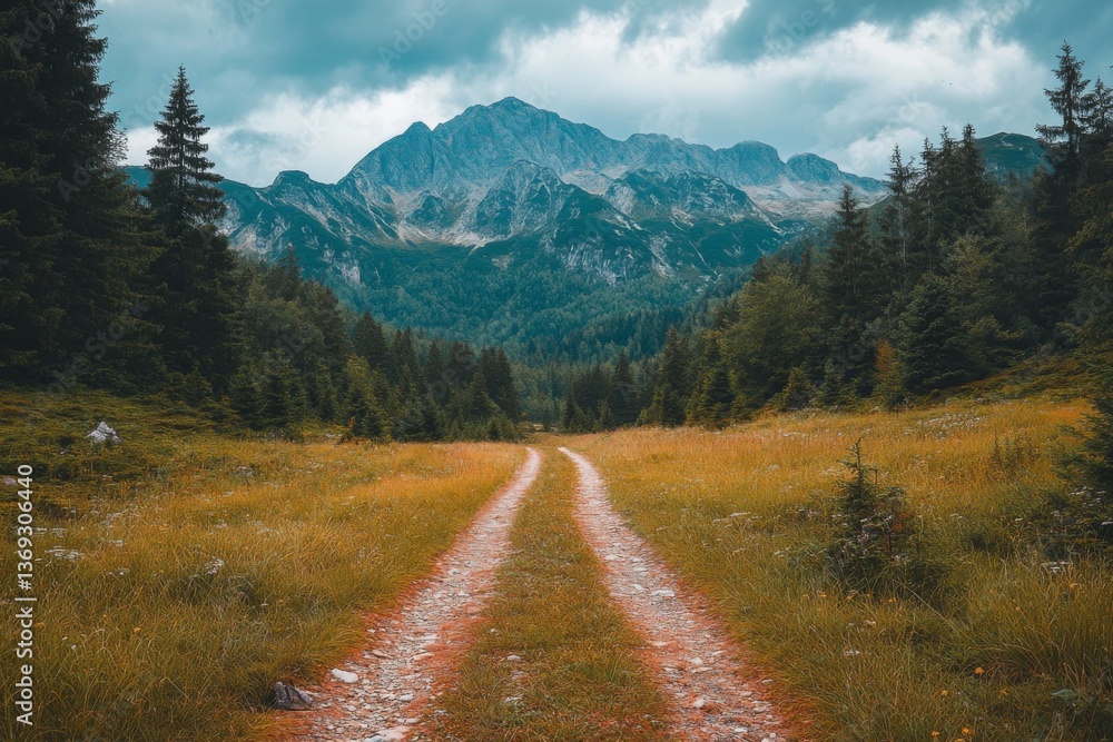 Obraz premium Rural road leading into forested mountains under blue sky