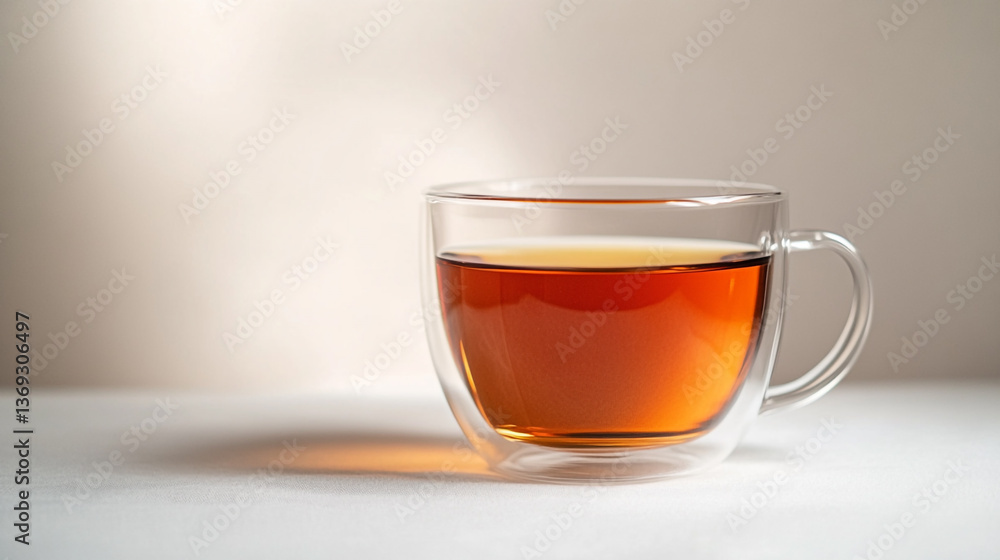 A clear glass cup filled with dark amber liquid sitting on a white surface against a light background A clear glass cup filled with dark amber liquid sitting on a white surface against a light background