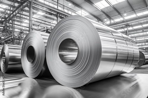Large stainless steel coils and stacked sheets in a factory setting showcase industrial might