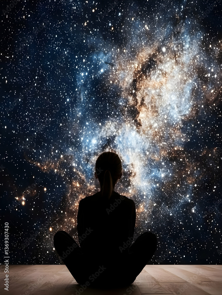 Silhouette of a Woman Meditating Before a Starry Night Sky Silhouette of a Woman Meditating Before a Starry Night Sky
