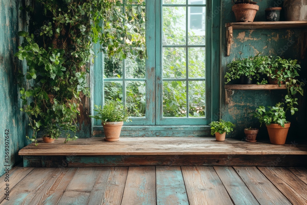 Interior space with cozy window corner filled with potted plants Interior space with cozy window corner filled with potted plants