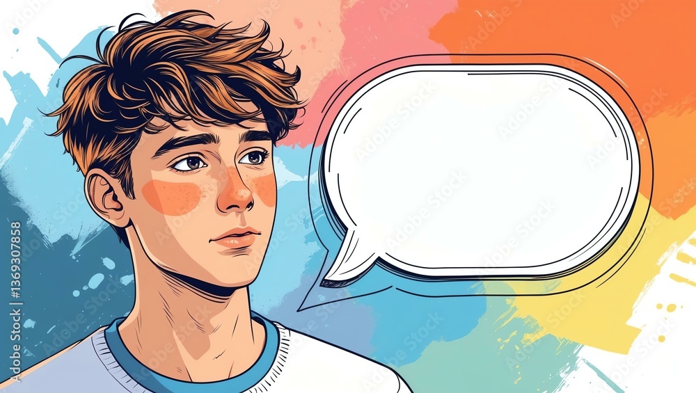 teenage guy with blank speech bubble looks like thinking on color palette background