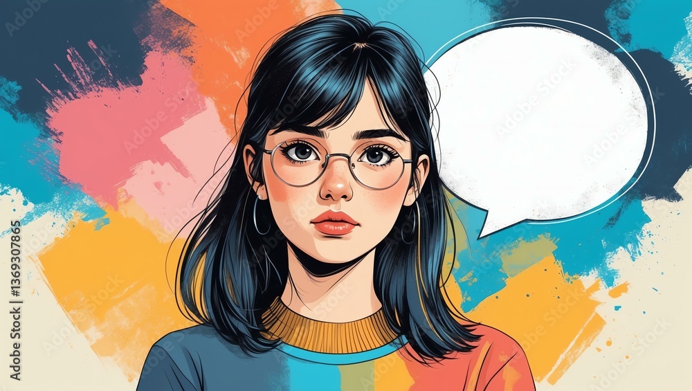 teenage gal with blank speech bubble looks like thinking on color palette background