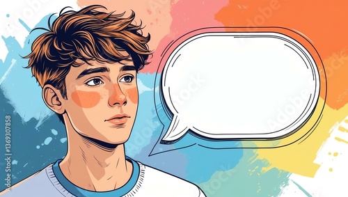 Obraz na płótnie teenage guy with blank speech bubble looks like thinking on color palette background w salonie