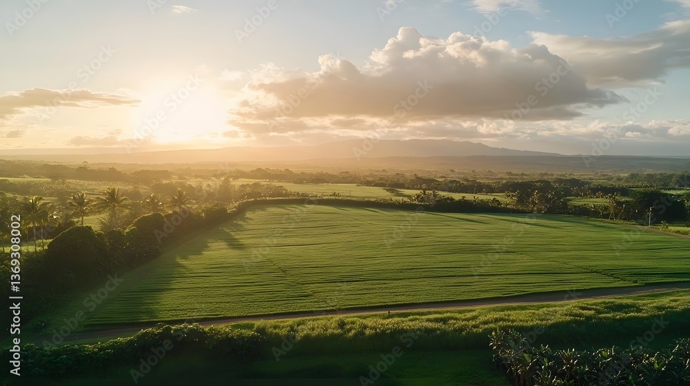 Fototapeta premium Serene Sunset over Lush Green Agricultural Fields in Tropical Landscape