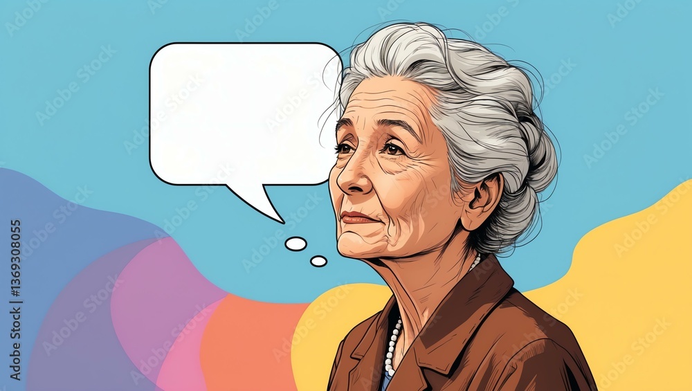old woman with blank speech bubble looks like thinking on color palette background