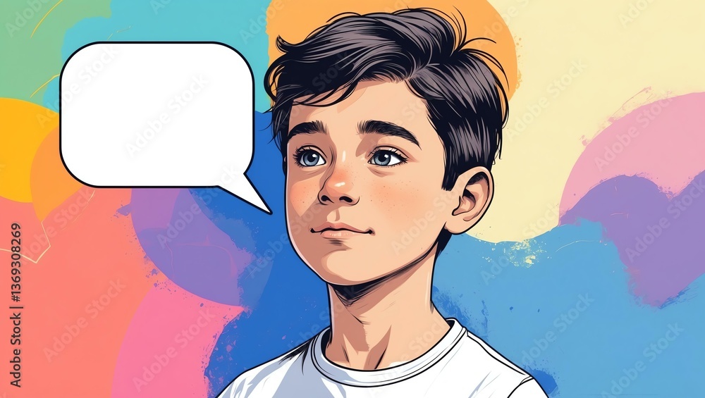 boy with blank speech bubble looks like thinking on color palette background