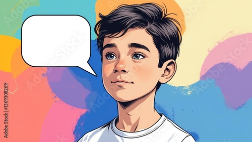 Obraz na płótnie boy with blank speech bubble looks like thinking on color palette background w salonie