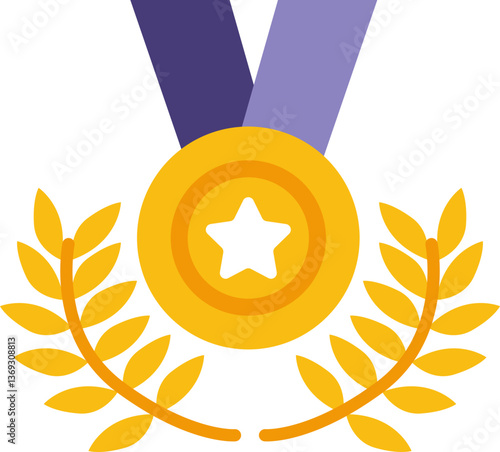 The image depicts a gold medal with a purple ribbon