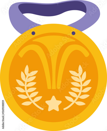 The image depicts a gold medal with a purple ribbon