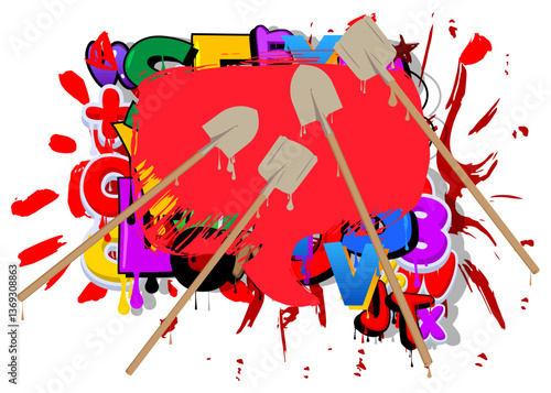 Spade, Shovel graffiti. Abstract modern street art decoration performed in urban painting style.