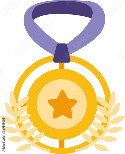 The image depicts a gold medal with a purple ribbon