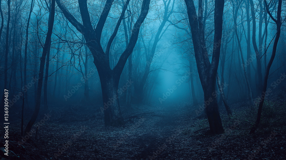 A scary forest at dim night with horror Halloween decorated conceptual.Spooky Halloween misty foggy forest at night with moonlight illuminating woods path. A scary forest at dim night with horror Halloween decorated conceptual.Spooky Halloween misty foggy forest at night with moonlight illuminating woods path.