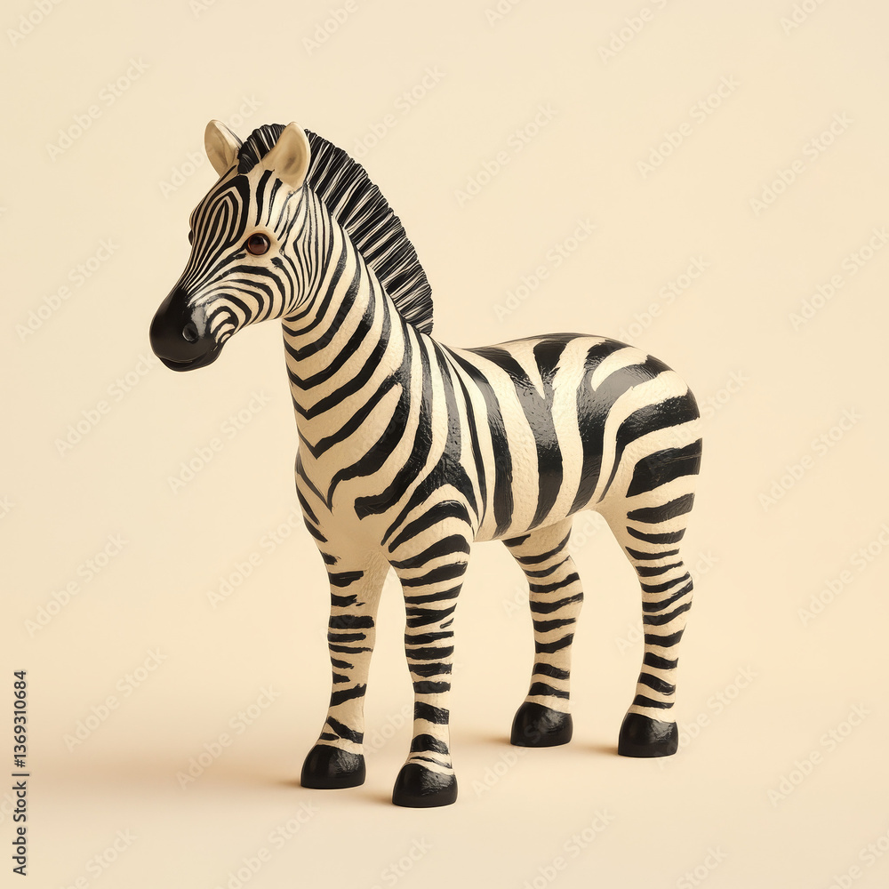 Fototapeta premium Handcrafted Wooden Zebra Figurine: Realistic, Multicolored Safari Toy for Children's Room Decor and Imaginative Play