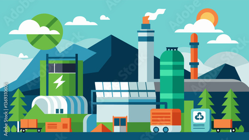 A sleek and modern industrial facility utilizing tingedge technology to recycle waste heat contributing to both sustainability and cost savings.. Vector illustration