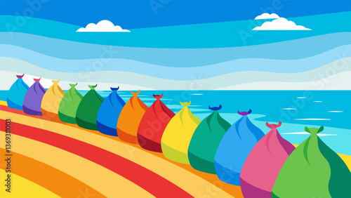 A rainbow of colorful trash bags lines the beach showcasing the diverse group of volunteers dedicated to keeping it clean.. Vector illustration