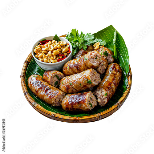 Grilled sausages served on a banana leaf with a side of crushed peanuts and herbs in a bamboo basket.