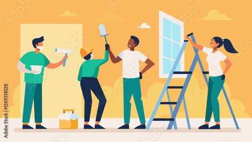 A team of volunteers carefully hanging new drywall creating a smoother and more modern look for the homes interior.. Vector illustration