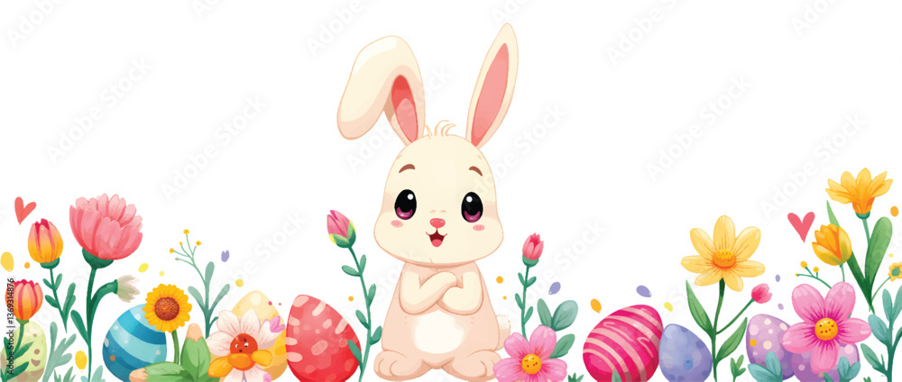Obraz premium Happy easter, egg shell, eggs, and spring flowers. Spring pastel colors illustration, watercolor Easter bunny with colorful eggs and flowers