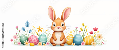 Happy easter, egg shell, eggs, and spring flowers. Spring pastel colors illustration, watercolor Easter bunny with colorful eggs and flowers	