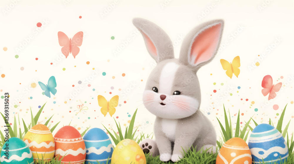 Happy easter, egg shell, eggs, and spring flowers. Spring pastel colors illustration, watercolor Easter bunny with colorful eggs and flowers Happy easter, egg shell, eggs, and spring flowers. Spring pastel colors illustration, watercolor Easter bunny with colorful eggs and flowers