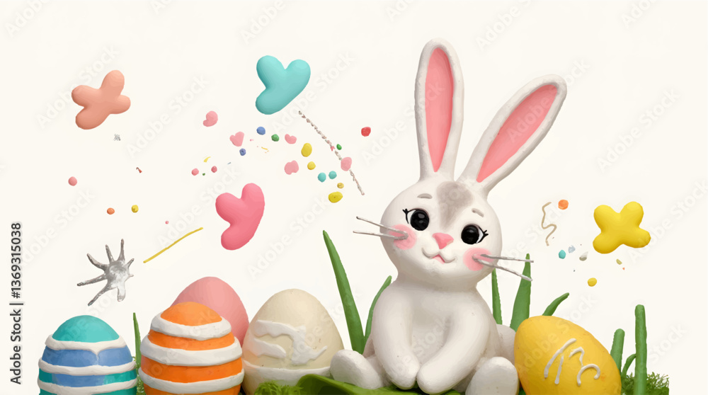 Happy easter, egg shell, eggs, and spring flowers. Spring pastel colors illustration, watercolor Easter bunny with colorful eggs and flowers Happy easter, egg shell, eggs, and spring flowers. Spring pastel colors illustration, watercolor Easter bunny with colorful eggs and flowers